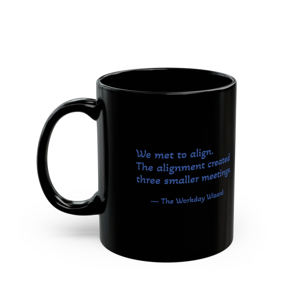 Blue wizard mug — quote view showing 'Three Smaller Meetings' in blue text on black ceramic