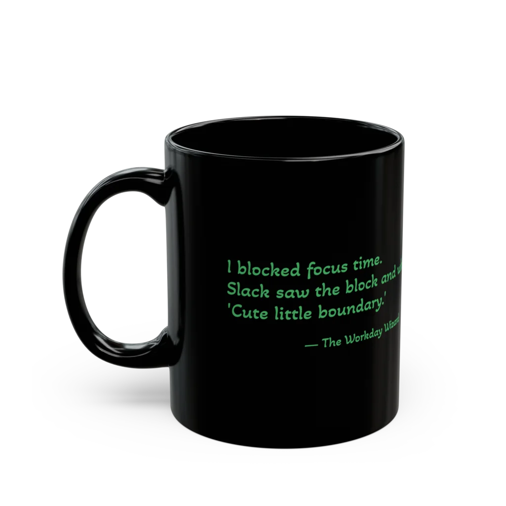Green wizard mug — quote view showing 'Cute Little Boundary' in green text on black ceramic