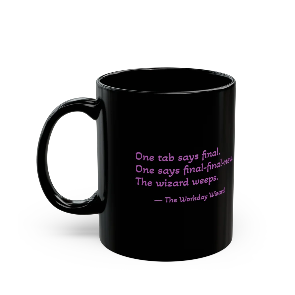 Purple wizard mug — quote view showing 'The Wizard Weeps' in purple text on black ceramic