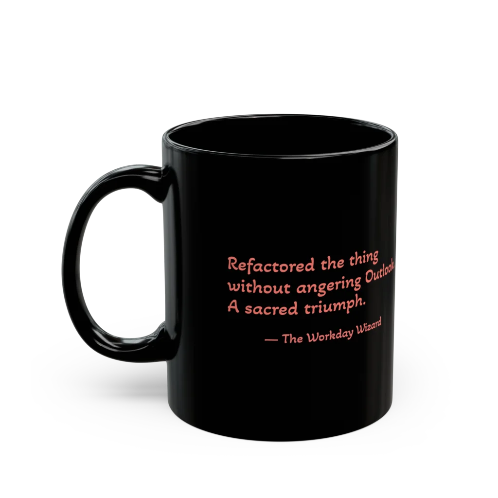 Red wizard mug — quote view showing 'A Sacred Triumph' in coral text on black ceramic
