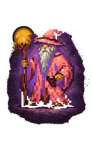 Pixel-art wizard with a glowing staff and a coffee mug. Click for a small surprise.